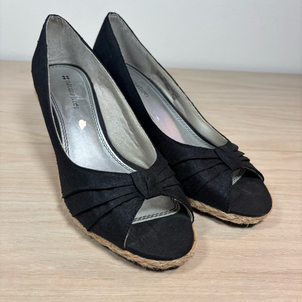 Cute Naturalizer Black Knot Peep-Toe Wedges 8 Wide Jute Heel
